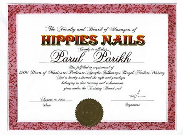 Happies Nails certificate